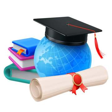 3d realistic black academic graduation cap or toga hat on the globe, books and diploma, isolated. Education online concept, graduation ceremony at the university, school, college. Vector illustration