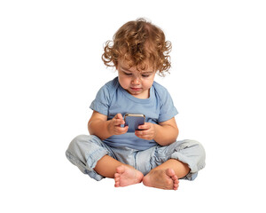 un b&eacute;b&eacute; hypnotis&eacute; par un t&eacute;l&eacute;phone portable - assis - fond transparent