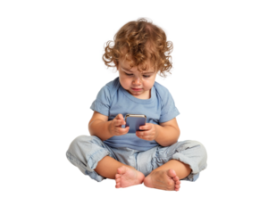 un bébé hypnotisé par un téléphone portable - assis - fond transparent