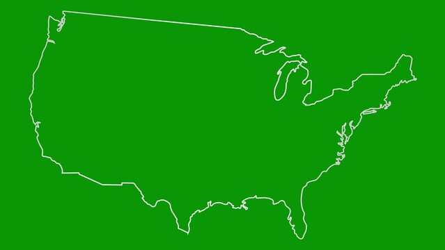 Animated linear silver icon of USA map is drawn. Symbol of United states of America. Line vector illustration isolated on green background.
