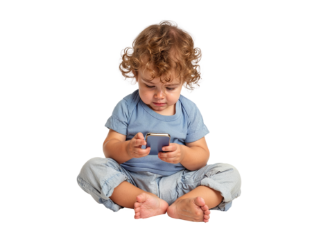 un bébé hypnotisé par un téléphone portable - assis - fond transparent