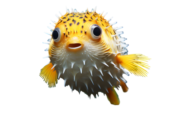 Scarecrow or light yellow blowfish of sea hedgehog (tetraodontidae or yellow Hairy puffer) isolated on cut out PNG or transparent background Appearance of sea fish that can swell and have thorns.