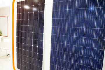 Solar panels showcase at diy hardware store. energy saving equipment for autonomous
