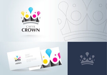 Logo Crown and Ink dots. Logotype CMYK Printing theme. Business card polygraphy theme. Template design vector. White backgroun