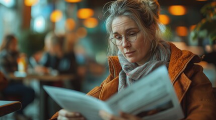 Elderly Woman Reading Newspaper in Cafe