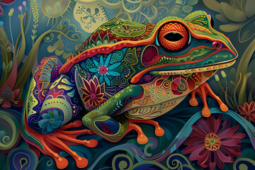 A vibrant and whimsical scene where a frog's colorful appearance is the focal point of the abstract illustration