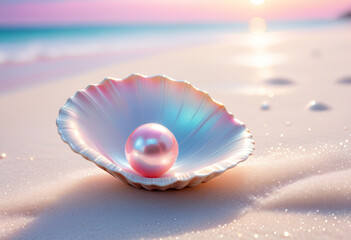 Light pink pearl in shell on beach