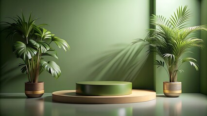 Fototapeta premium Elegant minimalist mocap background in warm green colours with vegetation with product platform