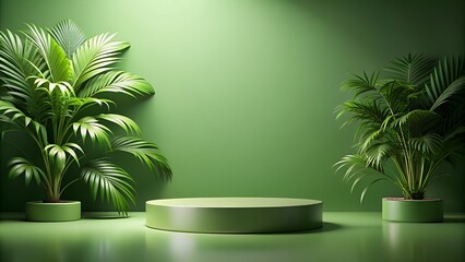 Elegant minimalist mocap background in warm green colours with vegetation with product platform