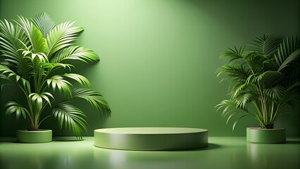 Obraz premium Elegant minimalist mocap background in warm green colours with vegetation with product platform