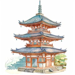 Fototapeta premium Watercolor painting of a charming Japanese pagoda with multiple tiers and intricate roof details, set against a serene backdrop, Generative AI 
