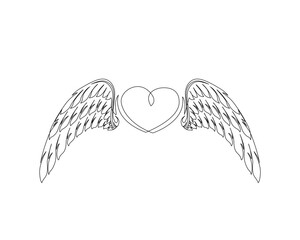 Continuous one line drawing of angel wings illustration. Heart with wings outline vector design. Editable stroke.