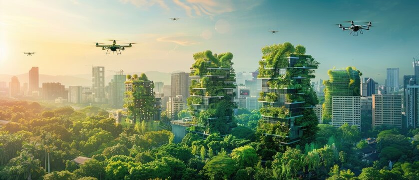 The city is full of green buildings and flying cars. People are living in harmony with nature.