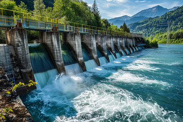 A hydroelectric dam with water flowing through turbines, emphasizing the power generation of water