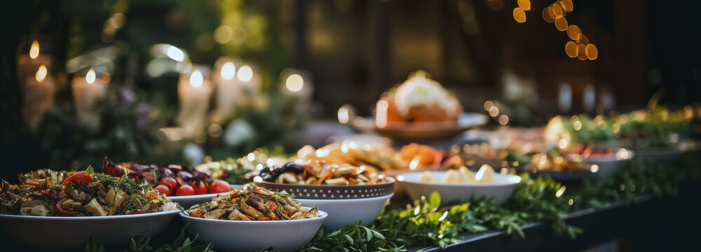 Banner of a table in a restaurant with a variety of food, selective focus