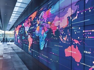 Obraz premium Interactive global economic map on a digital screen, enhanced with Instagram color themes and strategic