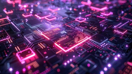 Fototapeta premium The image is a circuit board with glowing pink and purple lights.