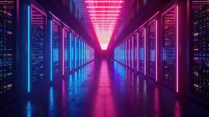 Fototapeta premium The image is a dark and mysterious hallway. The walls are lined with tall, metal server racks.