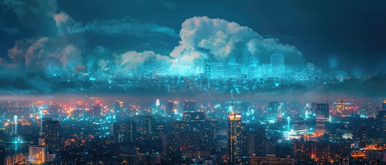 Fototapeta premium The image is a digital painting of a cityscape at night. The city is covered in a thick layer of smog, the sky is dark and cloudy