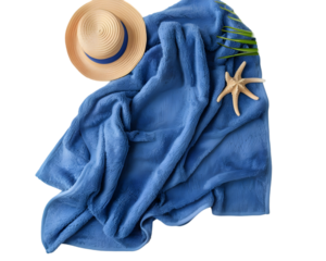 Sumer towel with hat and summer beach on transparent background, Summer concept