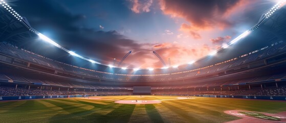 An empty baseball stadium under a twilight sky, with robotic vendors gliding silently between the hightech, luminescent stands, with copy space