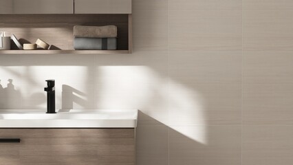 Wooden brown vanity counter, washbasin, mirror cabinet in sunlight, shadow on cream tile wall for...