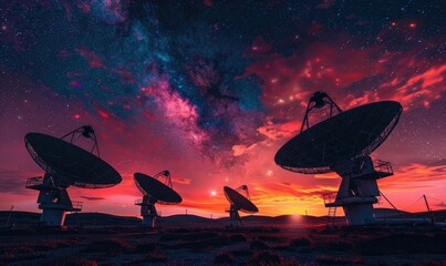 The image shows a beautiful landscape with a starry night sky and a large radio telescope in the foreground