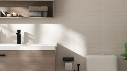 Wooden brown vanity counter, washbasin, mirror cabinet, white toilet in sunlight, shadow on cream...