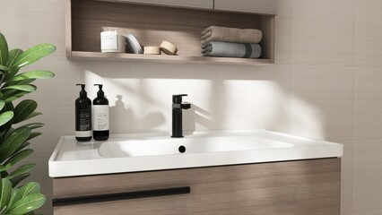 Wooden brown vanity counter, washbasin, mirror cabinet in sunlight, shadow on cream tile wall for...