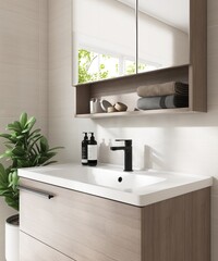 Wooden brown vanity counter, washbasin, mirror cabinet in sunlight, shadow on cream tile wall for modern, luxury beauty, cosmetic, skincare, body, hair care, bathroom interior design background 3D