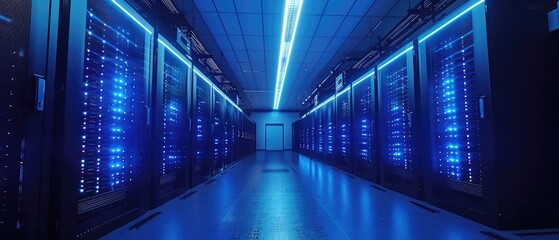 a futuristic data center with rows of servers and blue lights.