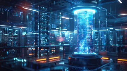 Naklejka premium a futuristic laboratory with a large glass tube in the center. The tube is filled with a blue liquid and there are several computers and other equipment around it.