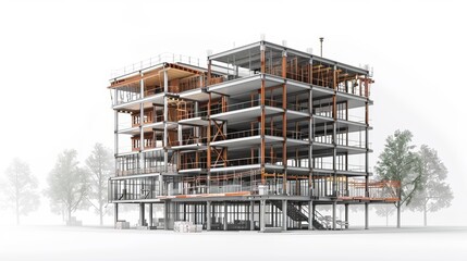 3D rendering of a high-rise building under construction in various parts.