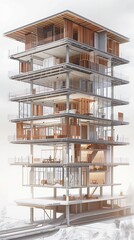 Obraz premium 3D rendering of a high-rise building under construction in various parts.
