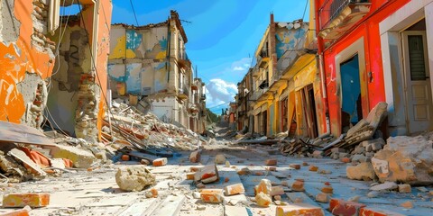 Ruined city street buildings post-earthquake, abandoned town in ruins. Concept Dystopian Landscape, Abandoned Town, Ruined City Street, Earthquake aftermath, Urban Decay