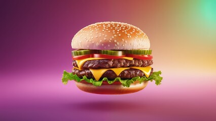 Floating ethereal hamburger in vibrant gradient background.