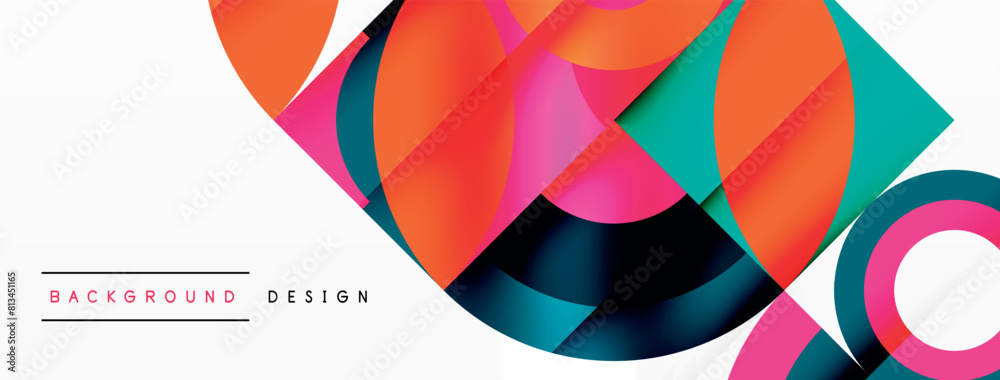 Aufkleber a vibrant geometric design featuring circles and squares in electric blue and magenta on a white bac