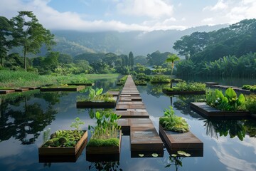 Naklejka premium At a tranquil lake, a floating botanical garden drifts slowly, its paths lined with rare flora and equipped with augmented reality plaques explaining each species ecological impact
