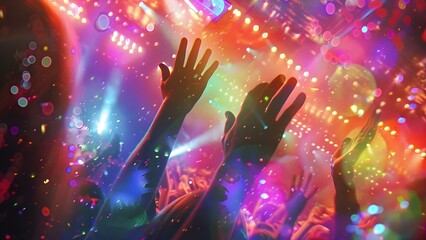 Obraz premium Excited concertgoers wave hands under vibrant colorful stage lights at concert. Concept Concert Photography, Stage Lights, Excited Fans, Colorful Atmosphere, Live Music