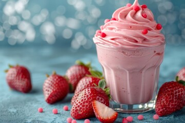 Freshly harvested strawberry ice cream on blurred background with space for text