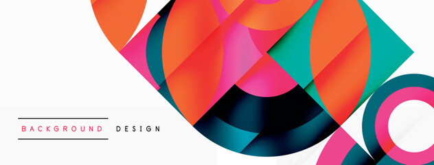 A vibrant geometric design featuring circles and squares in electric blue and magenta on a white background, creating a colorful and artistic pattern