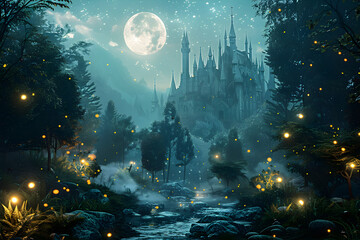 Whispers of Enchantment: An Ethereal Scene of Medieval Fantasy Forest Under Moonlight