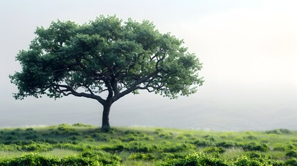 Obraz premium Majestic solitary tree standing tall in a tranquil natural landscape surrounded by lush green