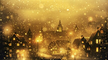 Golden Glow Christmas Eve: a magical Christmas Eve background with a soft golden glow, featuring a quaint village, glowing windows, and a starry sky, capturing the enchantment of the holiday season.  - Powered by Adobe