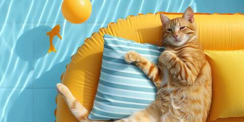 A cat relaxes on a yellow float in a pool during a summer vacation