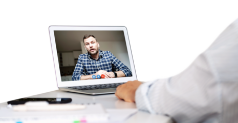 Using laptop for video call with colleague. Online meeting.