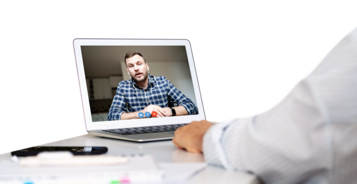 Using laptop for video call with colleague. Online meeting.
