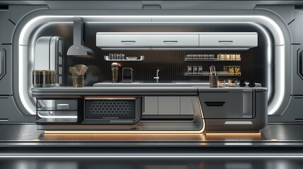 Obraz premium Kitchen Counter With A Futuristic Interior Design. 
