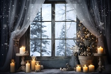 View out of a window into a frosty winter landscape with christmas tree
