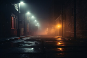 A dark and foggy city street at night with red light peeking through from a window